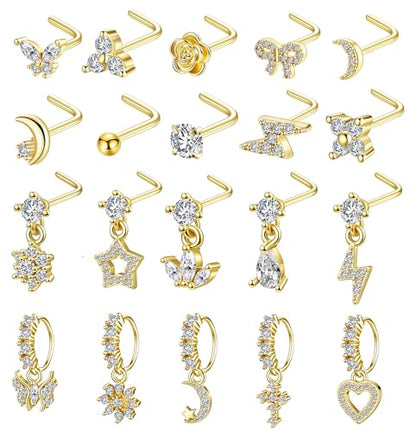 20Pcs Gold/Silver Dangle Nose Ring L Shaped Dangling Nose Stud Stainless Steel Nose Ring Studs CZ Cross Heart Snowflower Butterfly Moon Flower Dangle Nose Rings Hoops Nose Piercing 20G for Women - color: Gold