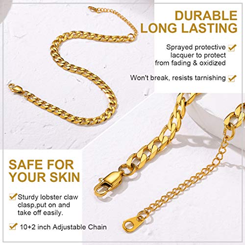 Adjustbale Link Chain Anklet for Women Summer Jewelry, 316L Stainless Steel Figaro/Wheat/Twist Rope/Cuban Foot Bracelet-Waterproof, Resizable 9"-12" (Gift Box Included) - color: 2, Cuban - Gold