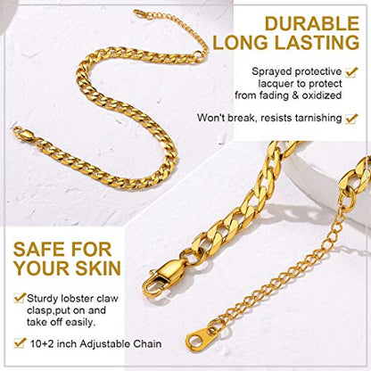 Adjustbale Link Chain Anklet for Women Summer Jewelry, 316L Stainless Steel Figaro/Wheat/Twist Rope/Cuban Foot Bracelet-Waterproof, Resizable 9"-12" (Gift Box Included) - color: 2, Cuban - Gold