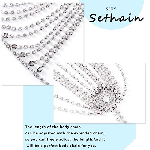Sethain Boho Crystal Body Chain Sparkly Rhinestone Bikini Chest Chains Bra Nightclub Body Accessories Jewelry for Women (Silver)