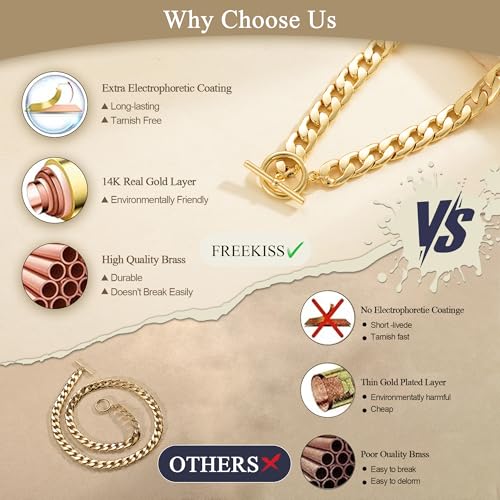 Freekiss 3-Piece Layered Toggle Necklace for Women | Gold/Silver necklace set with herringbone, rope, and paperclip chains plus a toggle clasp for layering, parties, and gifts - color: Toggle Style2 Gold