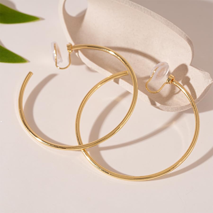 Large Gold Clip on Hoop Earrings for Women, Non Pierced Earrings with Comfortable Silicone Pads, Oversized Lightweight Thin Hoop Jewelry, Elegant Minimalist Professional Accessory, Jewelry Gift for Her