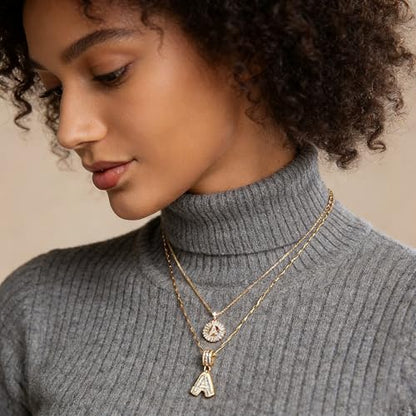 2PCS Initial Necklaces for Women, 14K Gold Plated Letter Pendant Set | Trendy Layered Bling Style, Meaningful Letter & Round CZ Pendant Design - color: Gold, style: Letter M