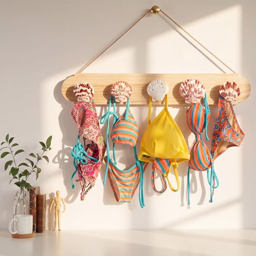 Novabright 16 Inch Bikini Hanger for Wall Seashell Bikini Rack Wall Mounted Swimsuit Organizer with Seashell Accents Coastal Swimwear Storage Rack for Beach Bathrooms Closets Vacation Homes - style: Minimalist Coastal