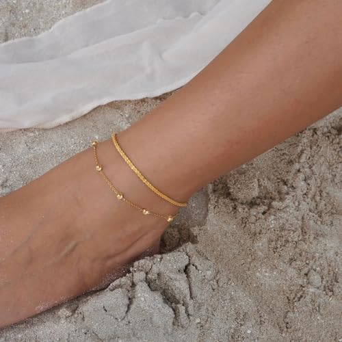 Robaice Ankle Bracelets for Women, 14K Gold Plated/Silver Layered Anklets | Waterproof Adjustable Anklet for Women, Summer Beach Anklet, Glitter Jewelry for Women Gifts - color: Gold-1