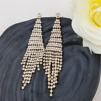 SELOVO Fashion Wedding Bride Women Long Tassel Link Fringe Dangly Earrings Clear Crystal - color: Gold