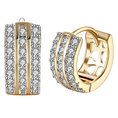 14K Rose Gold Plated Three Row Cubic Zirconia Small Huggie Hoop Earrings Fashion Jewelry for Men Women - color: gold