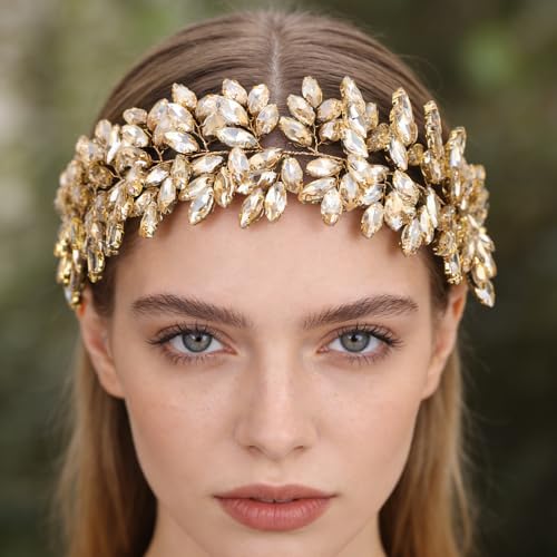Missgrace Women Silver Green Black Red Blue Handmade Full Crystal Rhinestone Large Headband Hair Vine Shinny Headpiece Bridal Wedding Hair Accessories for Women (Champagne) - color: Champagne