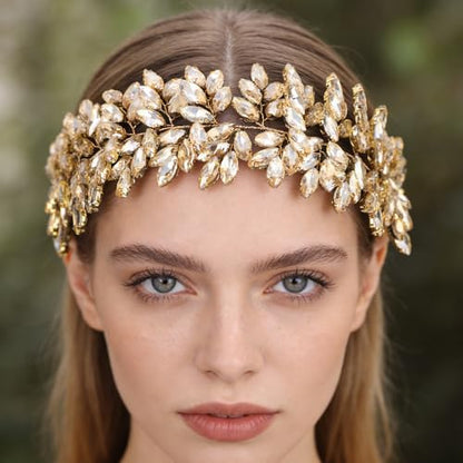 Missgrace Women Silver Green Black Red Blue Handmade Full Crystal Rhinestone Large Headband Hair Vine Shinny Headpiece Bridal Wedding Hair Accessories for Women (Champagne) - color: Champagne