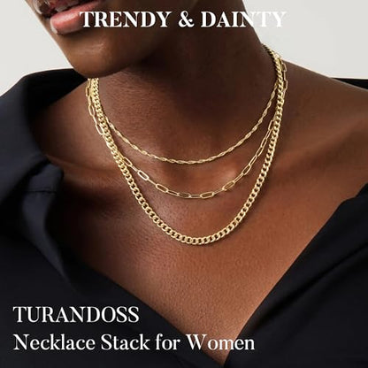 Turandoss Layered Necklaces for Women, 14K Gold Plated Chain Necklace Stack | Non Tarnish Gold Necklaces for Women, Toggle Clasp Herringbone Rope Satellite Cuban Link Chain Necklace, Trendy Jewelry Gifts - color: paperclip+cuban link+twist