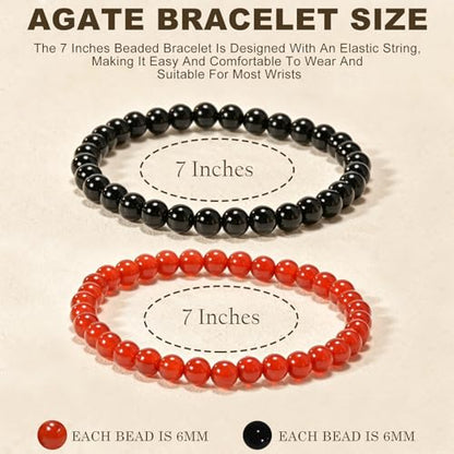 2PCS Agate Bracelet for Women Men Natural Round Beaded Agates Stone Healing Stretch Bracelets Elastic Handmade Polished Gemstone Beads Bracelet - color: Black+Red, size: 6mm Beads
