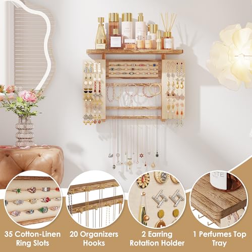 Emfogo Jewelry Organizer Hanging Wall Mounted Jewelry Holder, 5-in-1 Large Capacity Necklace Organizer Display for Ring, Necklaces, Bracelets, Earrings (Rustic Wood) - color: Rustic Wood