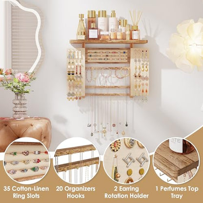 Emfogo Jewelry Organizer Hanging Wall Mounted Jewelry Holder, 5-in-1 Large Capacity Necklace Organizer Display for Ring, Necklaces, Bracelets, Earrings (Rustic Wood) - color: Rustic Wood