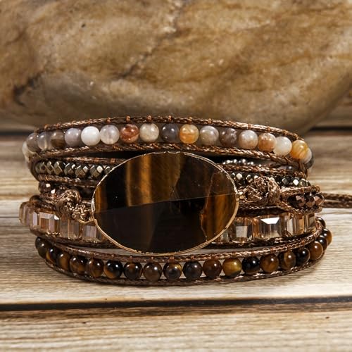 Handmade Boho Wrap Bracelets Natural Turquoise Crystal Stone Variety Beaded Strand Bracelet - color: Tiger Eye 2