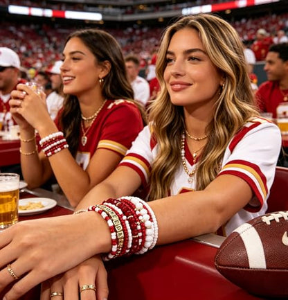 ZOLEAROPY Game Day Bracelets Stack Football Bracelets for Women Men Stackable Game day Bracelet Accessories Football Mom Outfit Jewelry Gifts - color: crimson white