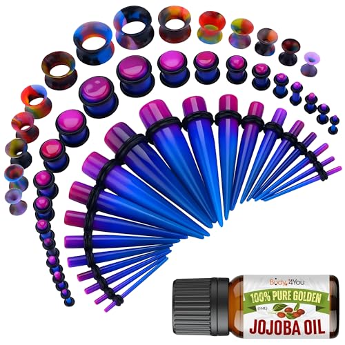 BodyJ4You 54PC Ear Stretching Kit 14G-12mm - Aftercare Jojoba Oil - Acrylic Plugs Gauge Tapers Silicone Tunnels - Lightweight Expanders Men Women - color: Purple, Blue