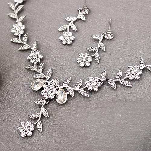 Flower Leaf Crystal Pendant Necklace Dangle Earrings Link Bracelet Bride Bridesmaid Jewelry Sets for Women Wedding Party - color: White-Platinum Plated
