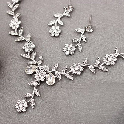 Flower Leaf Crystal Pendant Necklace Dangle Earrings Link Bracelet Bride Bridesmaid Jewelry Sets for Women Wedding Party - color: White-Platinum Plated