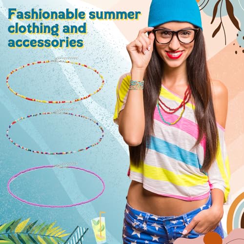 Liliaafar 50 Pcs Beaded Choker Necklace Bulk for Women Boho Seed Bead Choker Set Hawaiian Luau Handmade Turquoise Beach Beads Necklace Chain Adjustable Colorful Cute Bohemian Chain for Women Jewelry