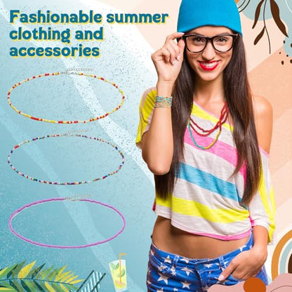 Liliaafar 50 Pcs Beaded Choker Necklace Bulk for Women Boho Seed Bead Choker Set Hawaiian Luau Handmade Turquoise Beach Beads Necklace Chain Adjustable Colorful Cute Bohemian Chain for Women Jewelry
