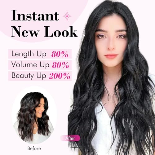 REECHO Clip in Hair Extensions, 20” One Piece Hair Extension Clip in Wefts Long Thick Beach Wavy Natural Soft Synthetic Hairpieces for Women, Black Brown - color: Black Brown - Wavy, size: 20 Inch (Pack of 1)