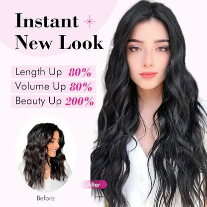 REECHO Clip in Hair Extensions, 20” One Piece Hair Extension Clip in Wefts Long Thick Beach Wavy Natural Soft Synthetic Hairpieces for Women, Chocolate Brown with Blonde Highlights - color: Chocolate Brown with Blonde Highlights - Wavy, size: 20 Inch (Pac