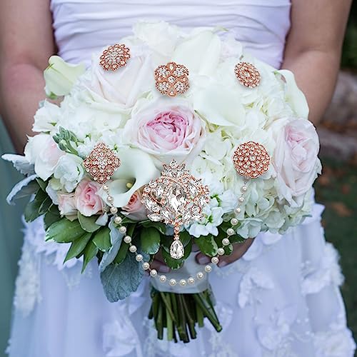 Rhinestone Brooches Crystal Brooch Pins, Pearl Crystal Wedding Bouquet kit Set - color: Rose Gold-14pcs