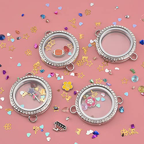 WANDIC Rhinestone Photo Charm, 4Pcs Round Shaped Double Buckle Crystal Photo Pendant Bridal Wedding Bouquet Charms Memory Lockets for 2 Pictures