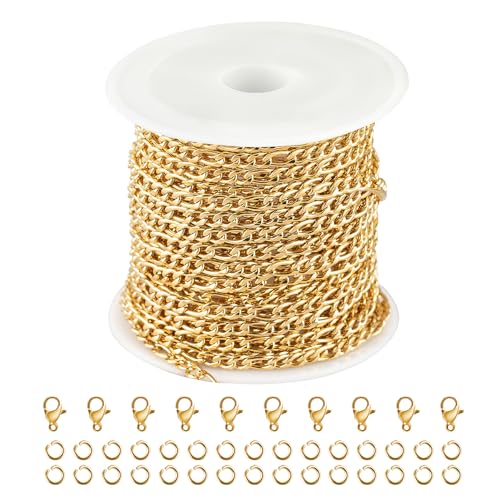 Kyutong Gold Necklace Chain for Jewelry Making with Lobster Clasps | 16.4 Feet Stainless Steel Jewelry Chain Bulk 3MM Wide Figaro Chains with Jump Rings for Men Women DIY Jewelry Crafts - color: Gold-8