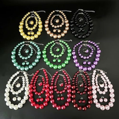 xuzhiyuan Statement Pearl Jewelry Set for Women - Includes Necklace, Bracelet, Earrings, and Ring | Colorful Faux Pearl Fashion Jewelry Set for Party, Wedding, Daily Wear - color: Green