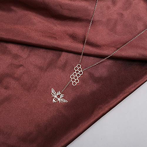 18K Gold Plated Stainless Steel Bee Honeycomb Pendant Necklace, Adjustable Y Lariat Conch/Guitar/Horseshoe Necklace for Women - color: Rose Gold, style: Bee
