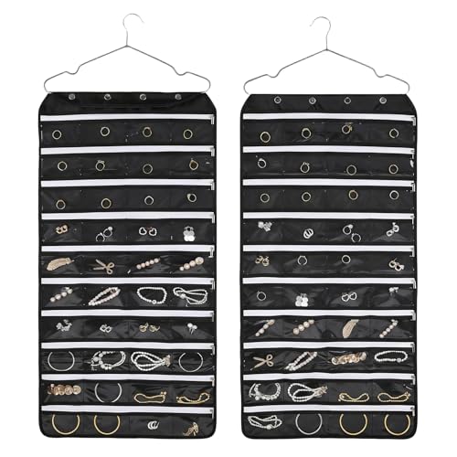Hanging Jewelry Organizer Storage Roll 80 Zippered Pockets with Detachable Hanger Double-Sided Foldable, Travel Jewelry Holder for Earrings, Rings, Bracelets, Hanging on Closet, Wall, Door, Black - size: 80 Zippered Pockets