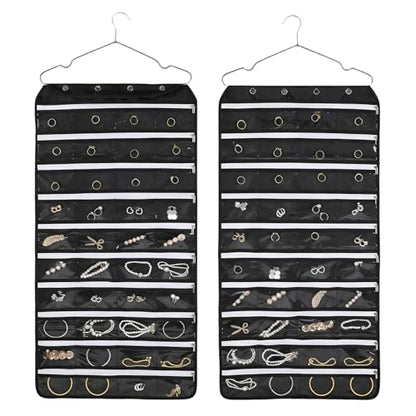 Hanging Jewelry Organizer Storage Roll 80 Zippered Pockets with Detachable Hanger Double-Sided Foldable, Travel Jewelry Holder for Earrings, Rings, Bracelets, Hanging on Closet, Wall, Door, Black - size: 80 Zippered Pockets