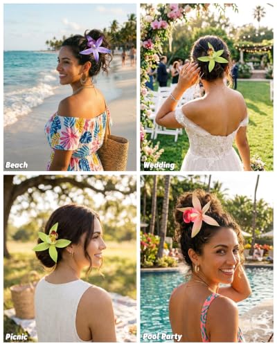 WELROG 3-Pcs Metal Hawaiian Orchid Hair Pins, Non-Slip Stick for Beach Updo | Tropical Flower Vibes,Weddings and Vacations - color: Purple+Pink+Green