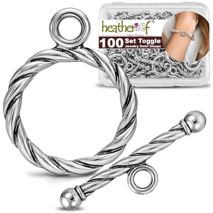 Heather's cf Toggle Jewelry Clasps – Durable Quality, Antique Twisted Silver Finish Toggle Clasps & Closures for Necklace, Bracelet & Charms – Ideal for DIY, & Jewelry Making – Small (Set of 100) - color: Twisted silver toggle clasp