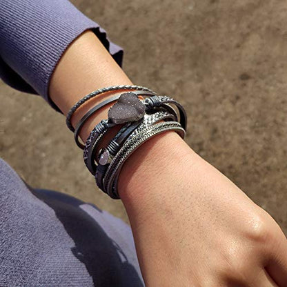 Artilady Leather Wrap Bracelet for Women, Pearl Beaded Bangle Stack Jewelry | Easy on-off, Elegant Handmade Multi-Layered, Daily Casual Date Beach Vacation, Gift for Ladies, Mother, Sister & Friend - style: Grey with druzy