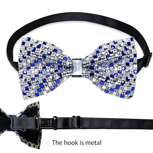 DiBanGu Mens Rhinestone Bow Tie with Ring and Lapel Pin Set | Adjustable Strap,Pre-tied Style,3PCS,Sequin Diamond Bowties，Solid/Mix Color,Shiny Accessory,for Party Prom Banquet Wedding - color: Royal Blue