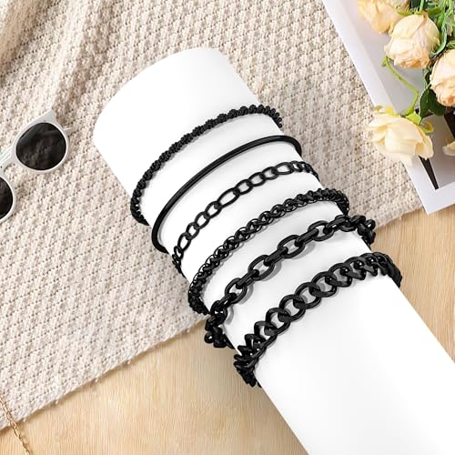 6PCS Stainless Steel Bracelets for Men Women, Silver Gold Black Cuban Link Rope Snake Wheat Chain Paperclip Figaro Jewelry Set, 7/8/9 Inches - color: Black, size: 7 inches