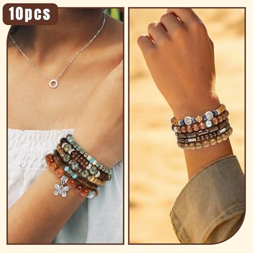 10 Pcs Stackable Bohemian Beaded Bracelets for Women Men, Nature Tree Butterfly Turquoise Wooden Beads Stretch Boho Bracelets Handmade Boho Hippie Western Chic Earthy Jewelry Gift - color: Brown Bamboo Joint
