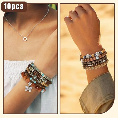 10 Pcs Stackable Bohemian Beaded Bracelets for Women Men, Nature Tree Butterfly Turquoise Wooden Beads Stretch Boho Bracelets Handmade Boho Hippie Western Chic Earthy Jewelry Gift - color: Brown Bamboo Joint