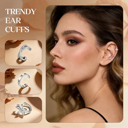 Ear Cuff Earrings for Women Non Piercing Helix Cartilage Clip on Ear Cuffs 14K Gold Plated & Sterling Silver Stainless Steel Hypoallergenic Huggie Hoop Fake Earring Set Jewelry Gift - color: K1-Floral Cuff Set Silver