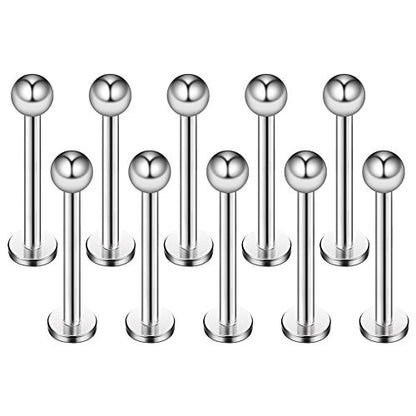 16G 316L Stainless Steel 3mm Ball Labret Monroe Lip Ring Tragus Helix Cartilage Earring Stud Barbell Bar Length 6mm 8mm 10mm 12mm Body Piercing Jewelry - color: Silver, size: 10MM