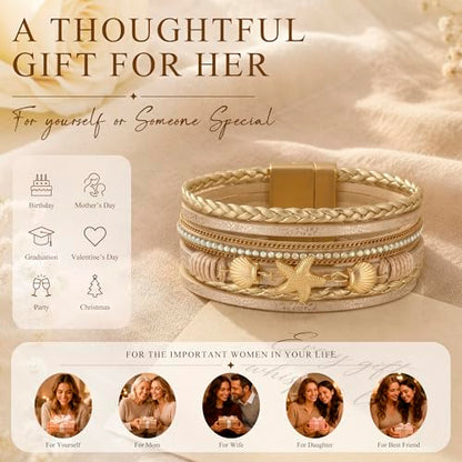 Edoneery Leather Wrap Bracelets for Women, Boho Layered Cuff Bangle | Multi-layer Leather Cuff, Daily wear, Stackable Bangle, Easy on-off, Western Jewelry Gifts for Women - color: Gold-1