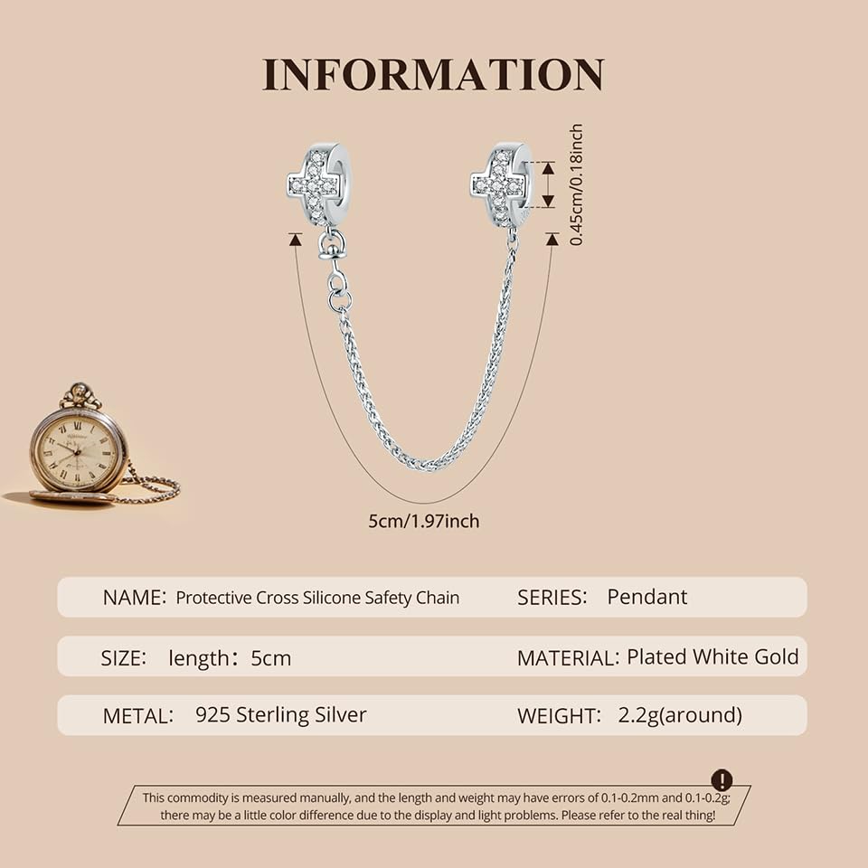 Heart Charm Clip Lock Spacer Stopper Charm Bead Bracelet 925 Sterling Silver Charms Safety Chain for Pandora Bracelets - color: Round Silver Safety Chain BSC1279