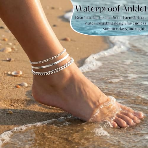 DEARMAY Gold Anklets for Women Waterproof | Non Tarnish14K Gold Plated Ankle Bracelets Set Stack, Summer Beach Jewelry Gifts for Vacation - color: Silver Anklet-B