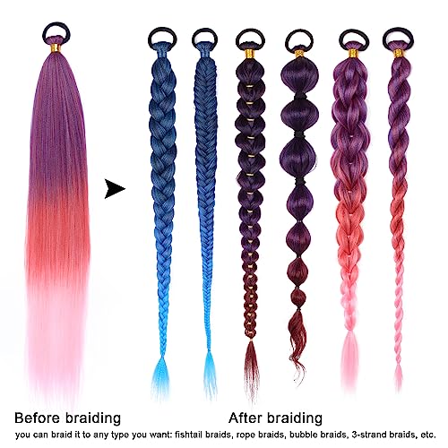 2 Pack Red Gradient 26 Inch Braid Ponytail Extension with Elastic Tie | Ponytail Extension with Elastic Tie Straight Sleek Wrap Around Braid Ponytail , Natural Soft Synthetic Hair Piece for Women - color: Red gradient#（Purple/Red/Pink）, size: 26 Inch（Pack