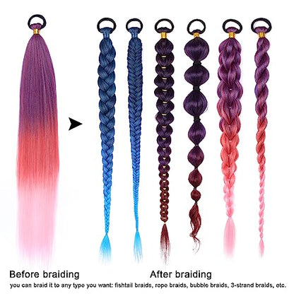 2 Pack Red Gradient 26 Inch Braid Ponytail Extension with Elastic Tie | Ponytail Extension with Elastic Tie Straight Sleek Wrap Around Braid Ponytail , Natural Soft Synthetic Hair Piece for Women - color: Red gradient#（Purple/Red/Pink）, size: 26 Inch（Pack