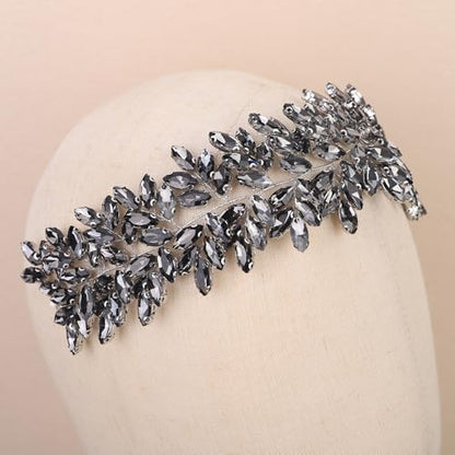 Missgrace Women Silver Green Black Red Blue Handmade Full Crystal Rhinestone Large Headband Hair Vine Shinny Headpiece Bridal Wedding Hair Accessories for Women (Grey) - color: Grey