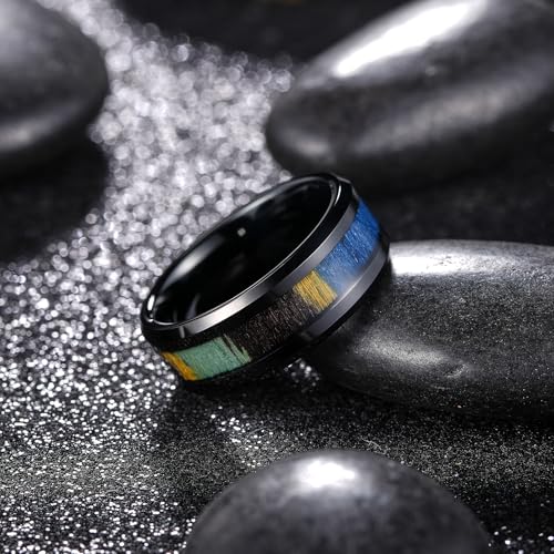 King Will Tungsten Wedding Band Wood Inlay for Men Black Beveled Edge | Black, 8mm, Beveled Edge, Comfort Fit, Wood inlay, Promise Gift - color: Colorful Wood Chips-Black