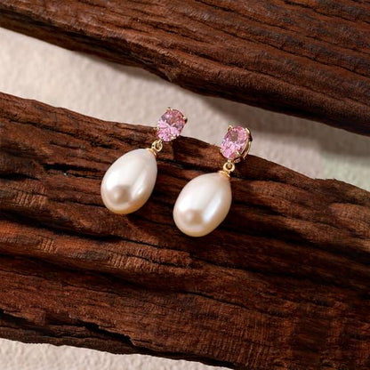 Pearl Drop Earrings Cubic Zirconia Stone Pearl Stud Earrings for Prom, Bridesmaids, Birthday Women Jewelry - color: Pink CZ Stone